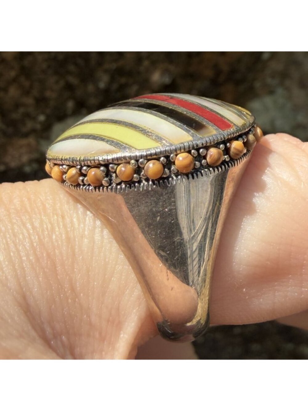 Southwestern Multi Stone Striped Inlay Ring 8 Sterling Silver MOP Jasper Boho - Picture 9 of 15